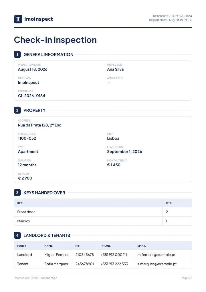The first page of a check-in report.