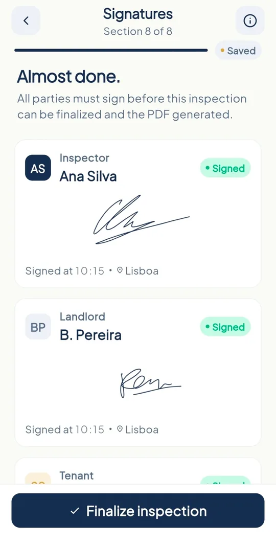 The signature screen: the inspector and the landlord have signed.